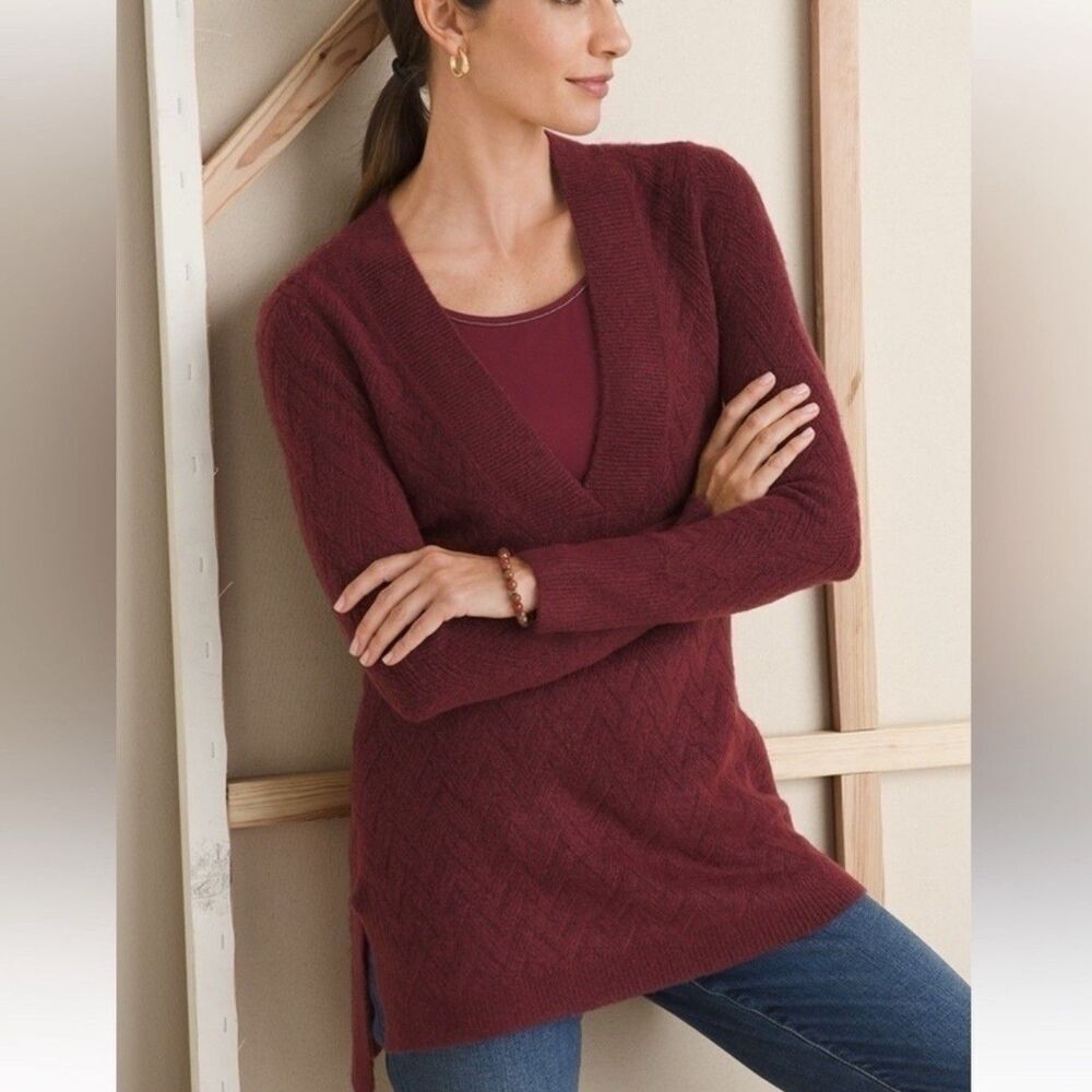 Chico’s Size 2 Large Herringbone V Neck Tunic Sweater Cranberry NWT